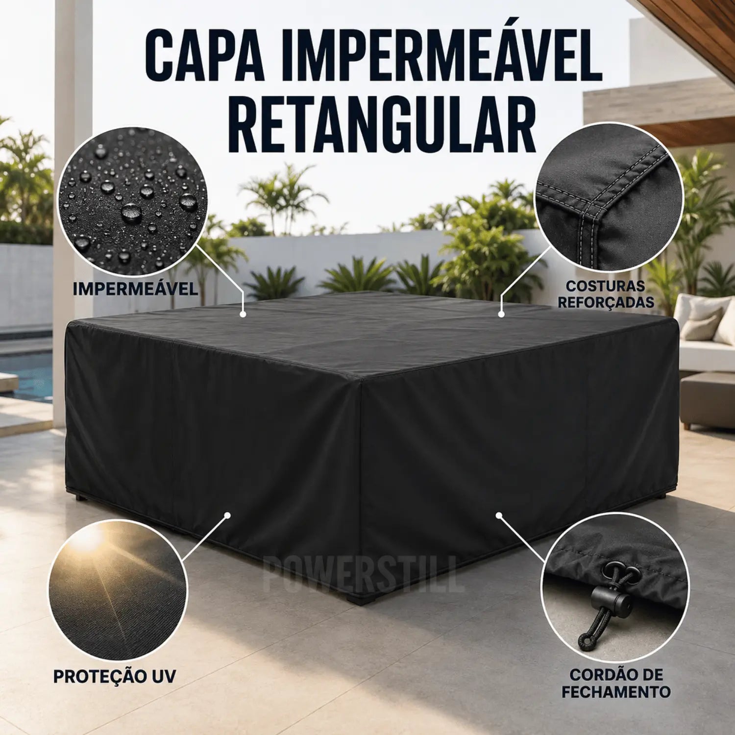Capa Impermeável Retangular para Móveis Externos Preta Powerstill