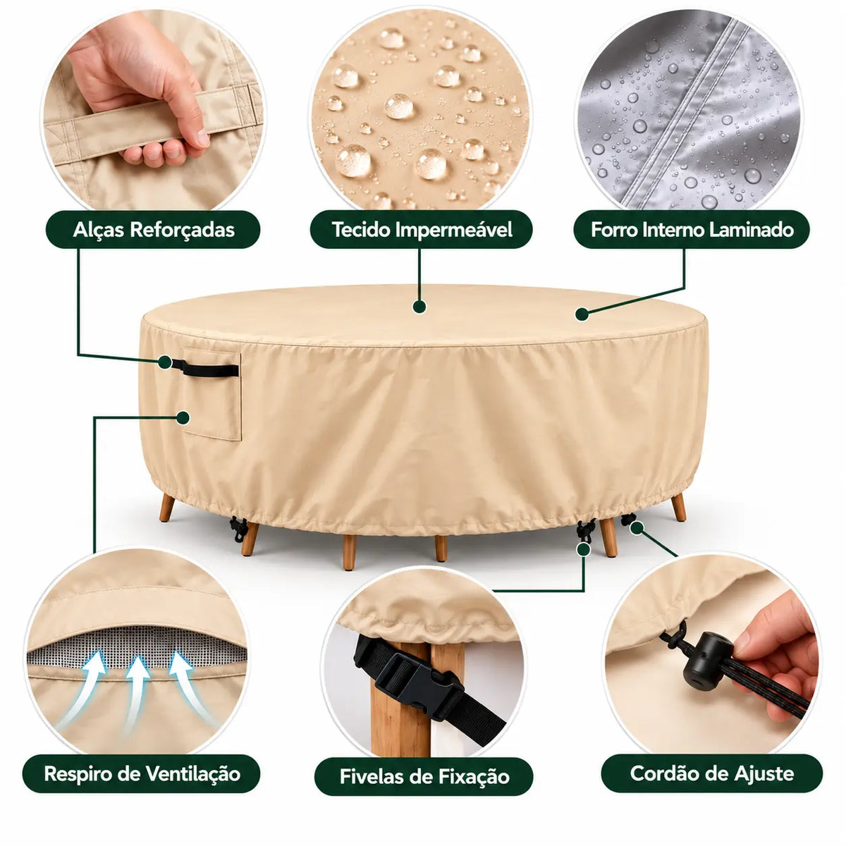 Capa Redonda para Móveis de Jardim Oxford 420D Bege Impermeável