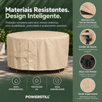 Capa redonda bege para mesa com cadeiras de jardim