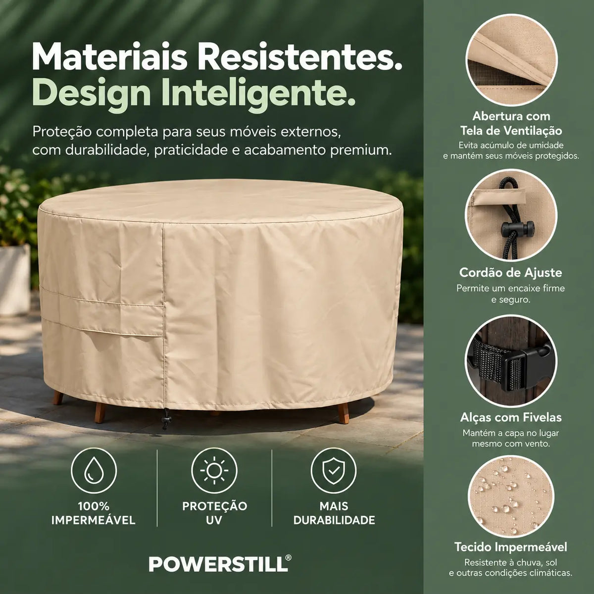 Capa redonda bege para mesa com cadeiras de jardim