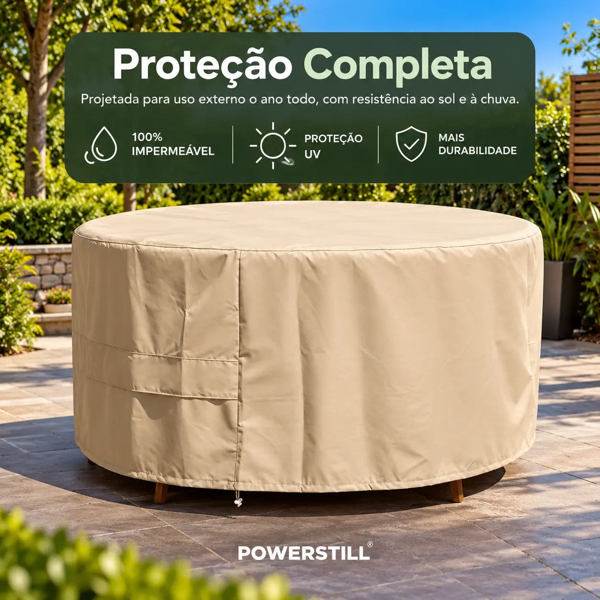 Capa redonda bege Oxford 420D com fixação ajustável