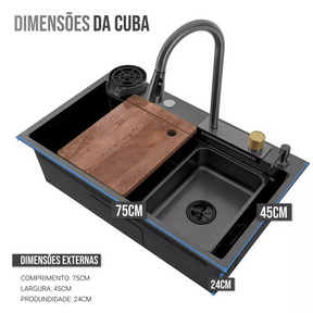 Cuba Cozinha Gourmet Cascata Torneira Lavador Copos Preto