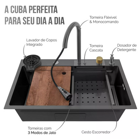 Cuba Cozinha Gourmet Cascata Torneira Lavador Copos Preto