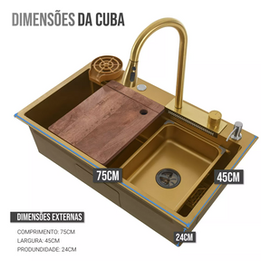 Cuba Cozinha Gourmet Cascata Torneira Lavador Copos Dourado