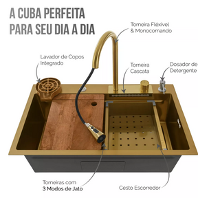 Cuba Cozinha Gourmet Cascata Torneira Lavador Copos Dourado
