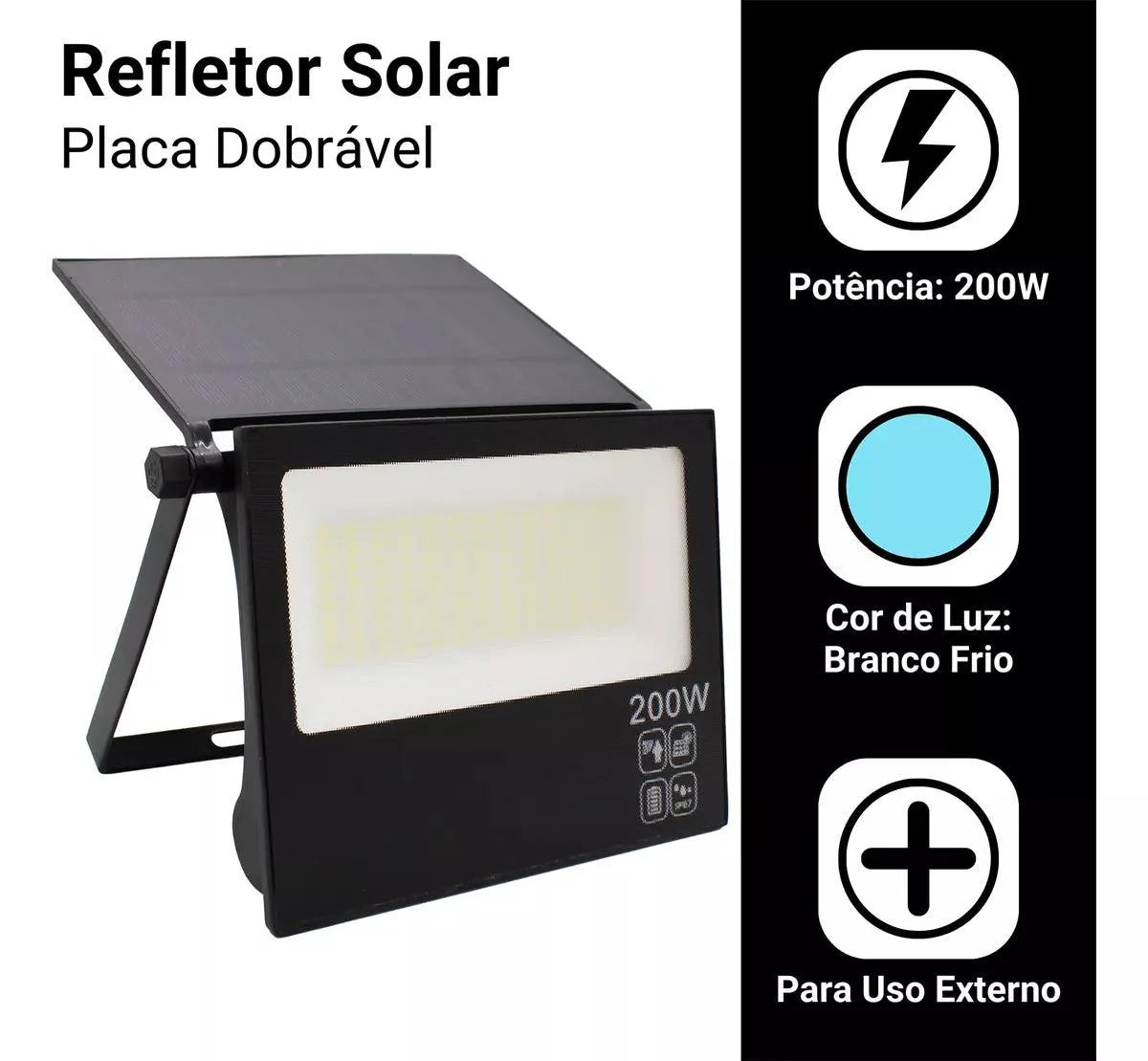 Refletor LED Solar 200W IP67 Placa Ajustável