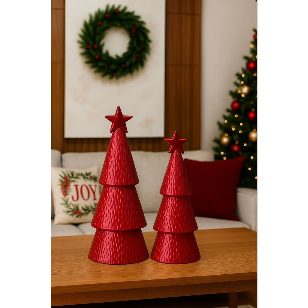 Decore com elegância: Kit Dupla Árvore de Natal em cerâmica. Ideal para mesas, salas e aparadores. Charme e sofisticação natalina.