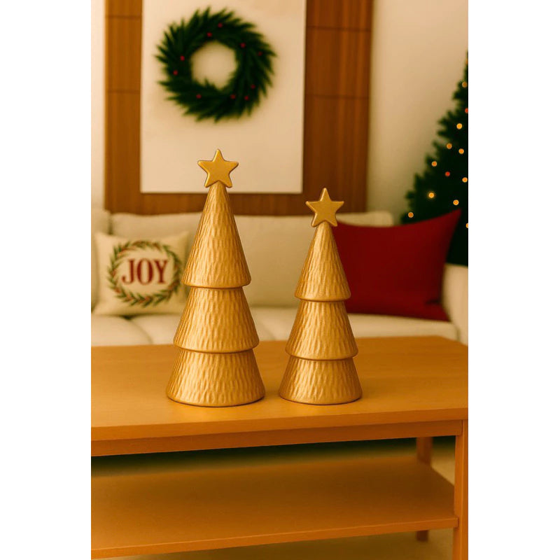 Decore com elegância: Kit Dupla Árvore de Natal em cerâmica. Ideal para mesas, salas e aparadores. Charme e sofisticação natalina.