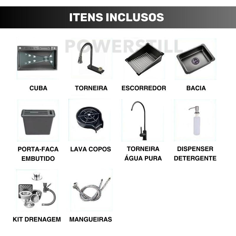 Cuba de Cozinha Gourmet Cascata com Torneiras e Acessórios 75 x 45 cm