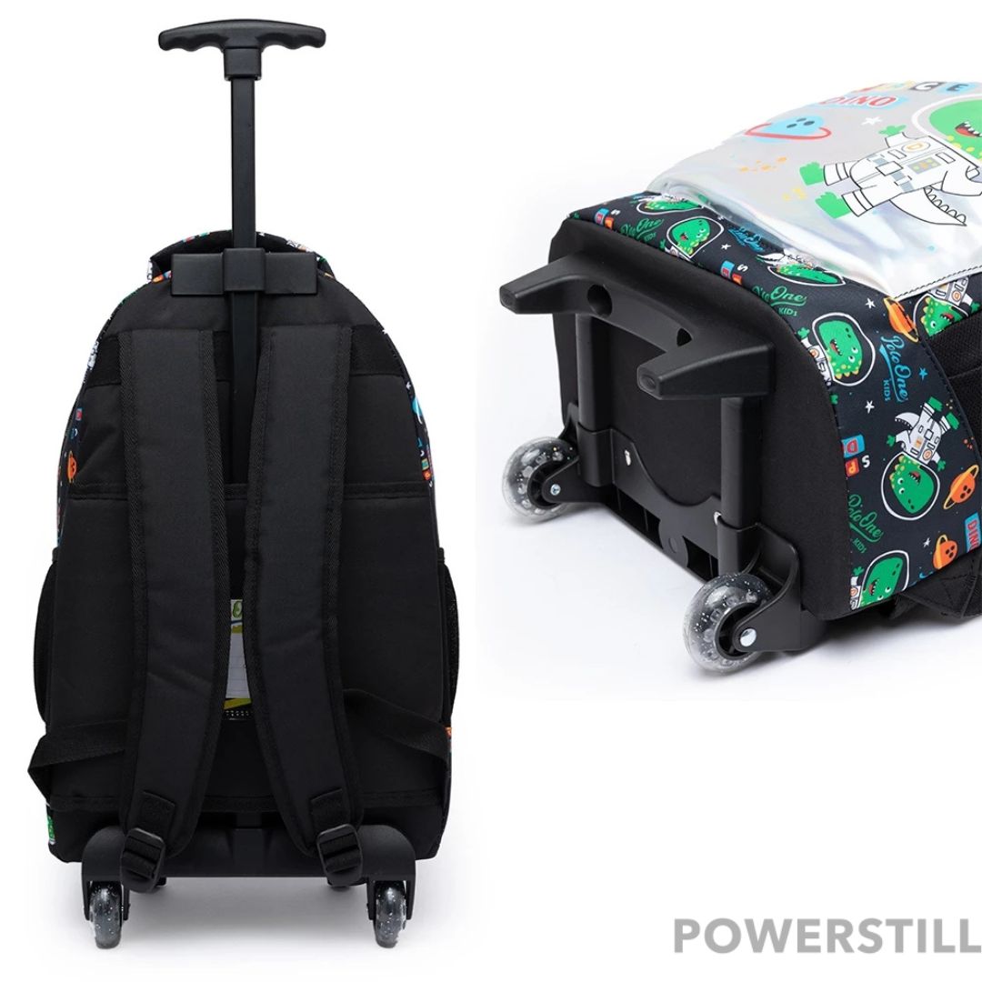 Aventura escolar garantida com o Kit Mochila Dino Espacial de Rodinhas. Inclui lancheira térmica e estojo. Resistente, prático e ideal para meninos. Compre já!