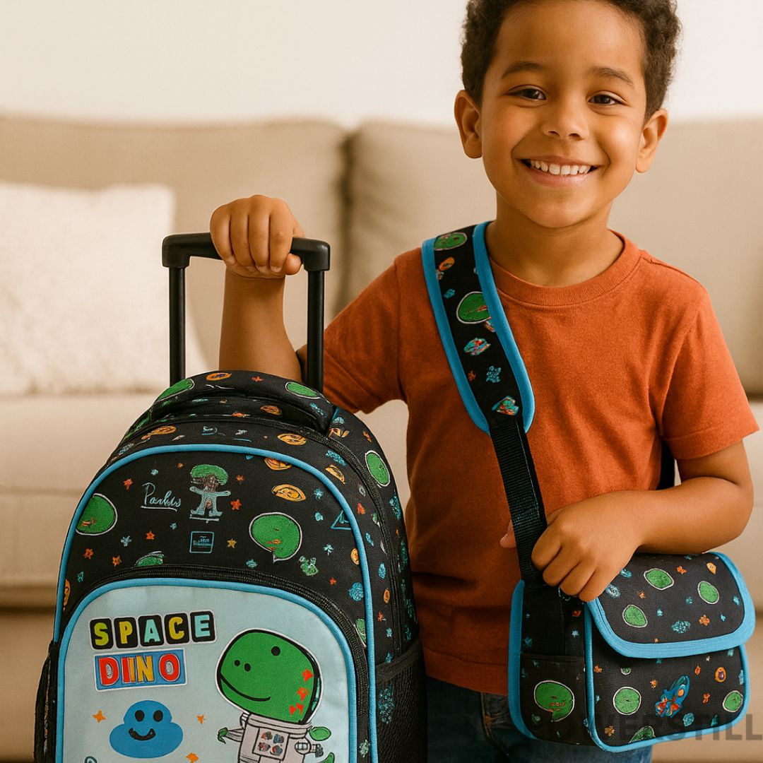 Aventura escolar garantida com o Kit Mochila Dino Espacial de Rodinhas. Inclui lancheira térmica e estojo. Resistente, prático e ideal para meninos. Compre já!