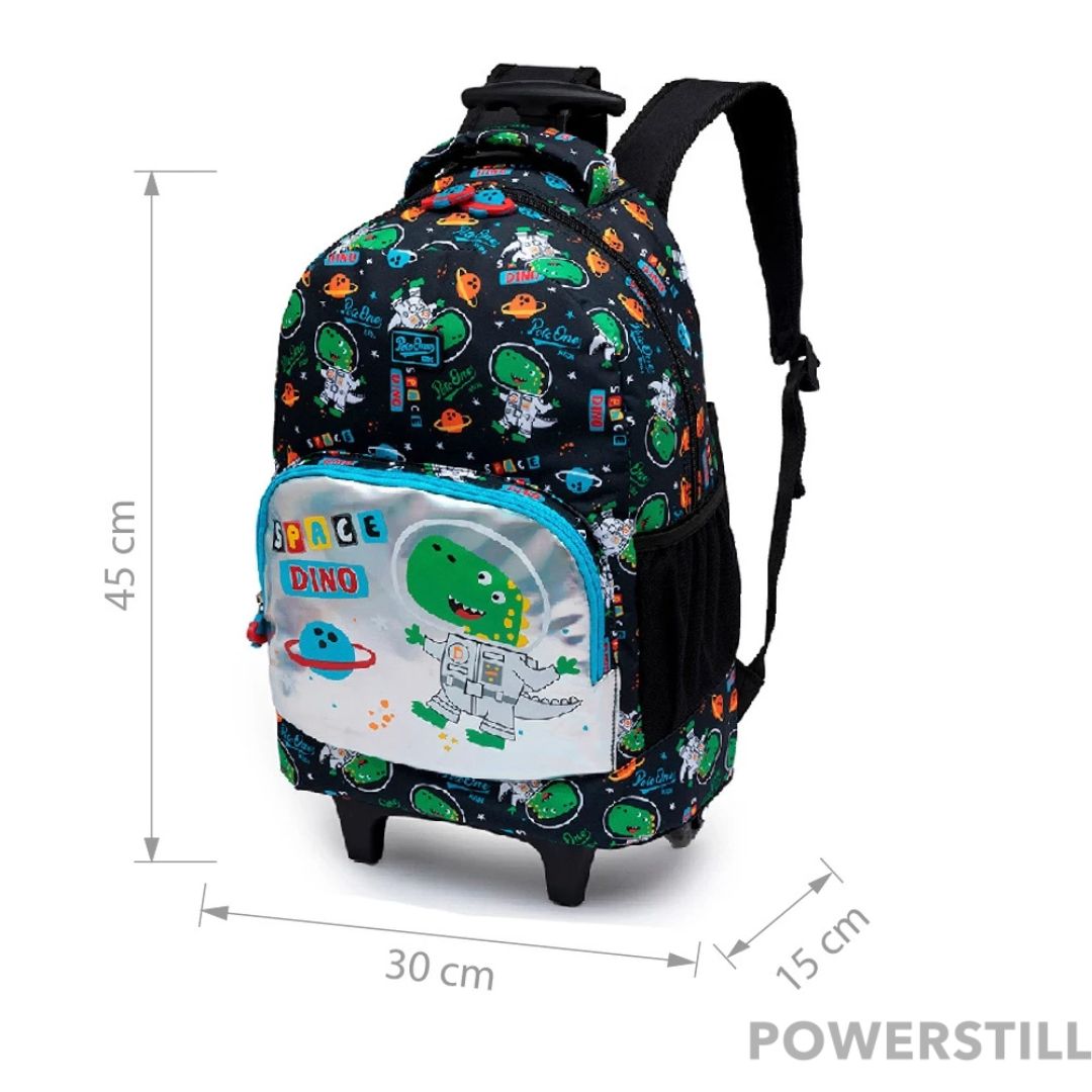 Aventura escolar garantida com o Kit Mochila Dino Espacial de Rodinhas. Inclui lancheira térmica e estojo. Resistente, prático e ideal para meninos. Compre já!