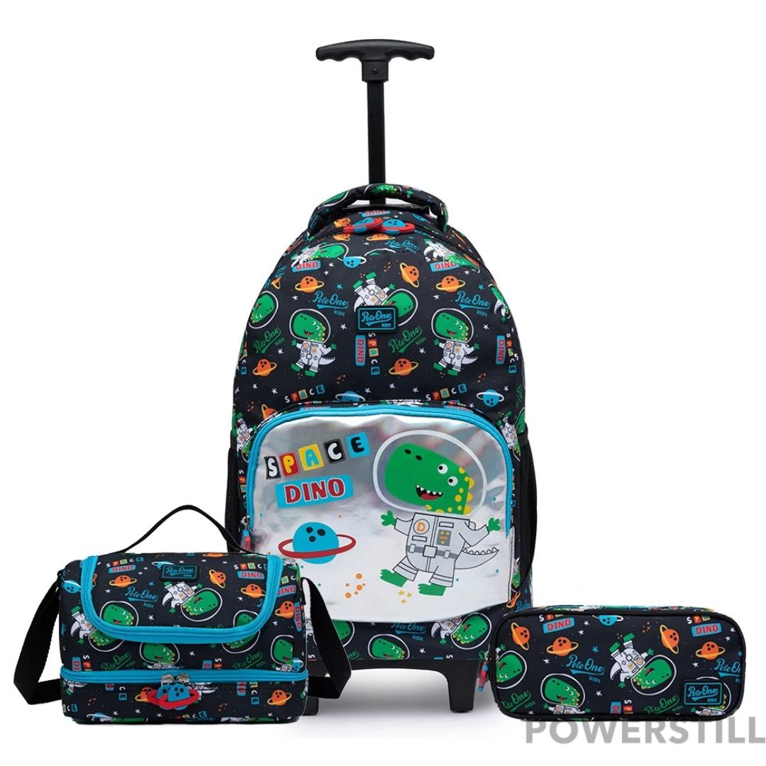 Aventura escolar garantida com o Kit Mochila Dino Espacial de Rodinhas. Inclui lancheira térmica e estojo. Resistente, prático e ideal para meninos. Compre já!
