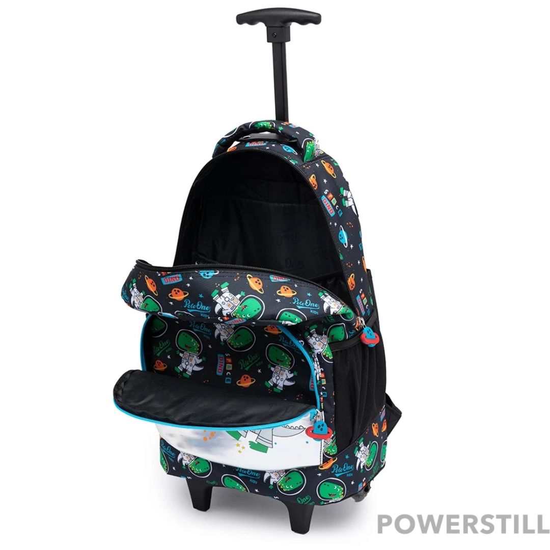 Aventura escolar garantida com o Kit Mochila Dino Espacial de Rodinhas. Inclui lancheira térmica e estojo. Resistente, prático e ideal para meninos. Compre já!