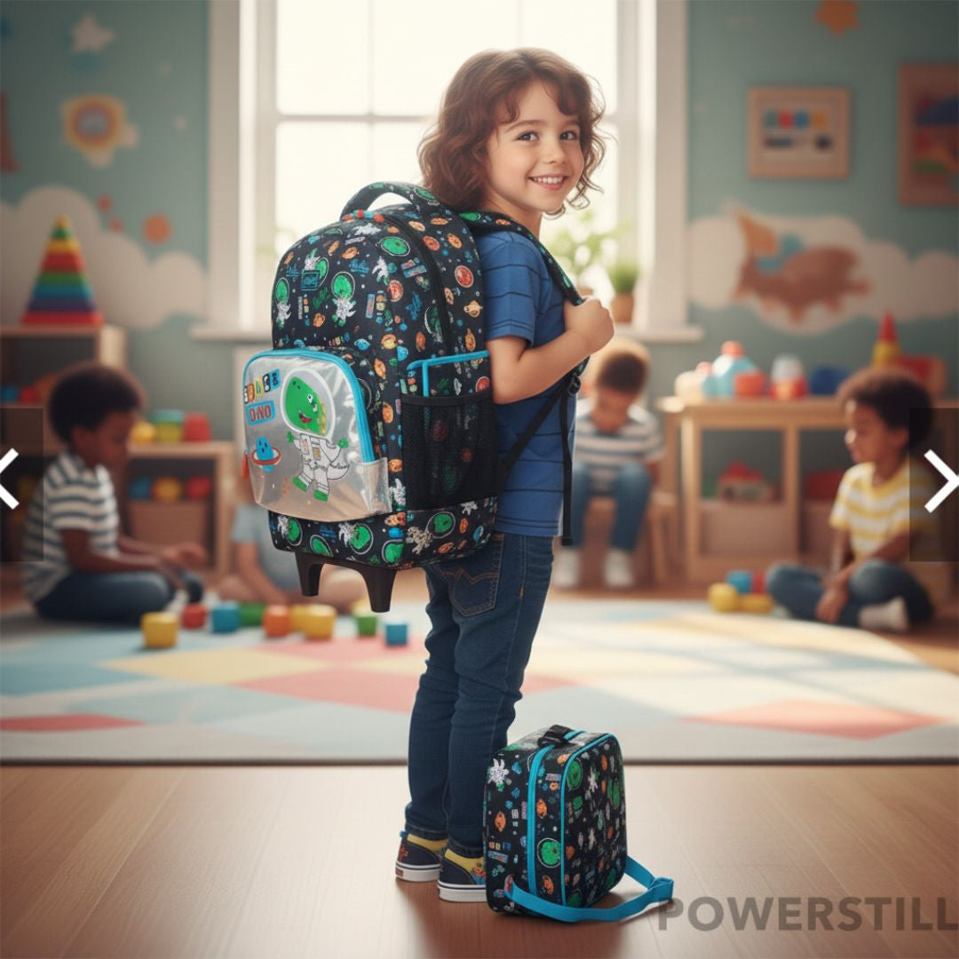 Aventura escolar garantida com o Kit Mochila Dino Espacial de Rodinhas. Inclui lancheira térmica e estojo. Resistente, prático e ideal para meninos. Compre já!