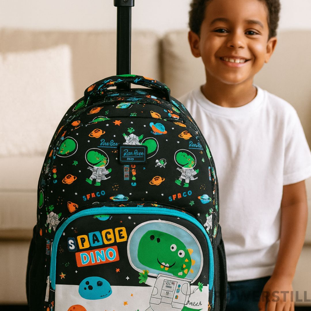 Aventura escolar garantida com o Kit Mochila Dino Espacial de Rodinhas. Inclui lancheira térmica e estojo. Resistente, prático e ideal para meninos. Compre já!