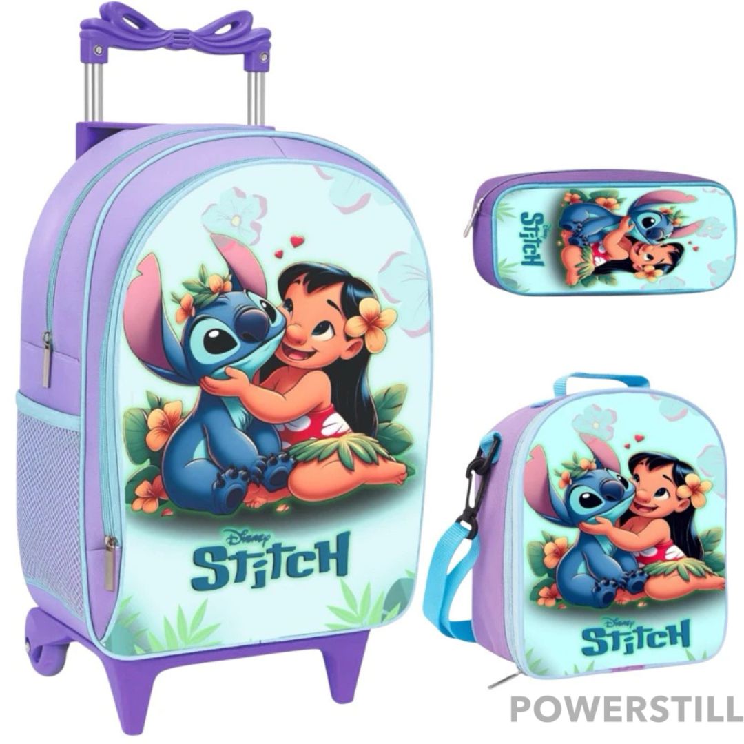 Kit escolar completo Lilo & Stitch com mochila de rodinha ergonômica, lancheira térmica e estojo duplo. Durabilidade e magia para sua filha.