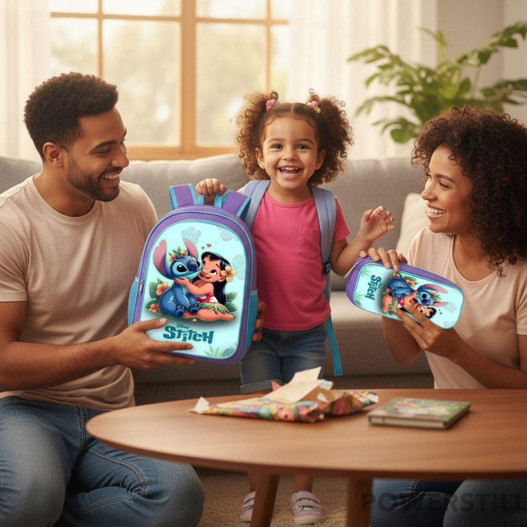 Kit escolar completo Lilo & Stitch com mochila de rodinha ergonômica, lancheira térmica e estojo duplo. Durabilidade e magia para sua filha.