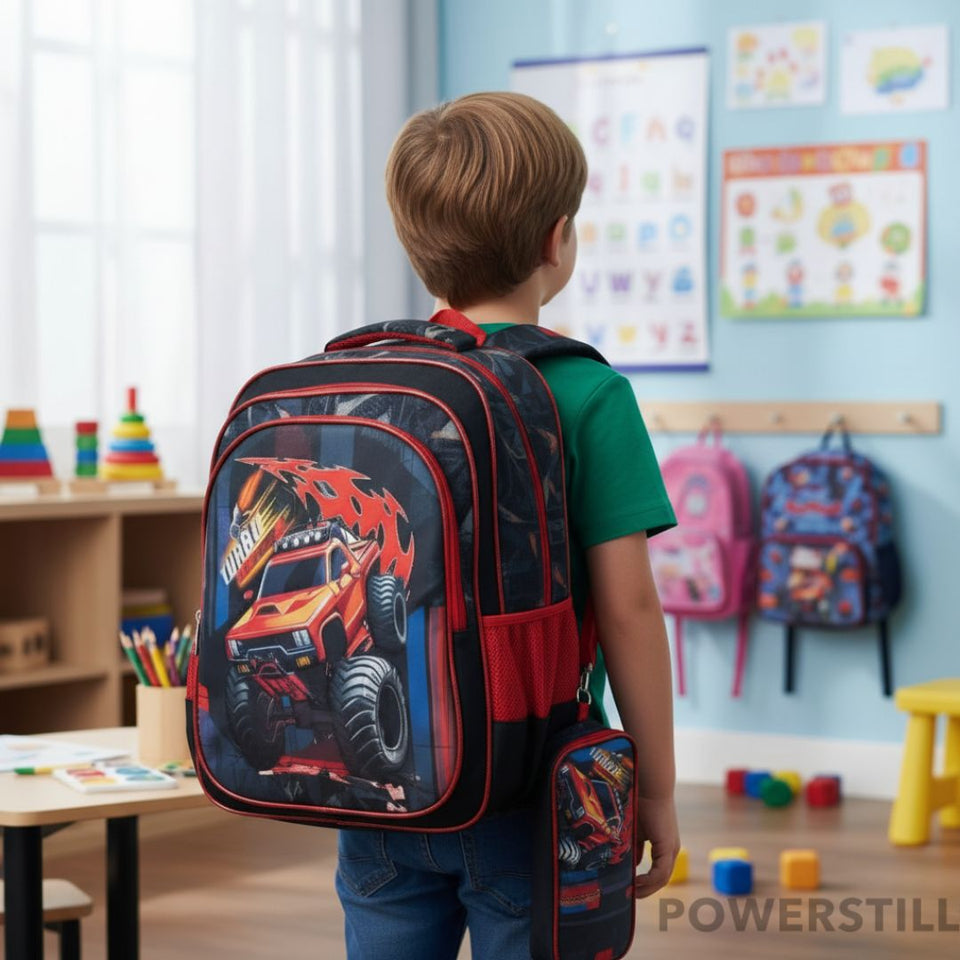 Transforme o volta às aulas! Kit Mochila 3D (Alto Relevo) + Lancheira Térmica + Estojo. Durabilidade, conforto e o super-poder que seu filho merece.