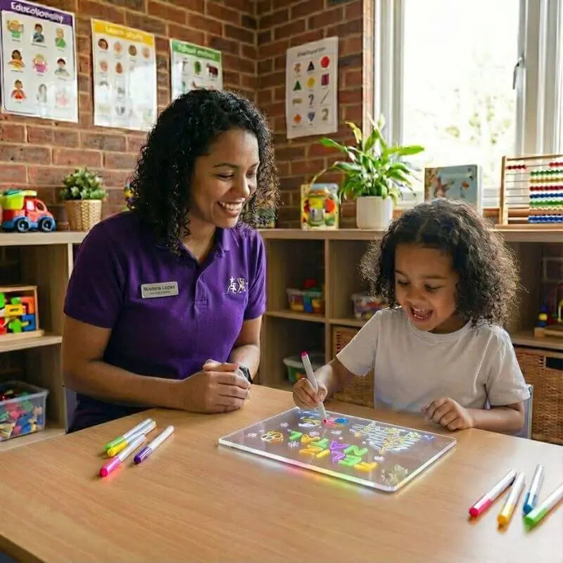 Psicopedagoga Mariana Lopes usando o LuzPad com uma criança