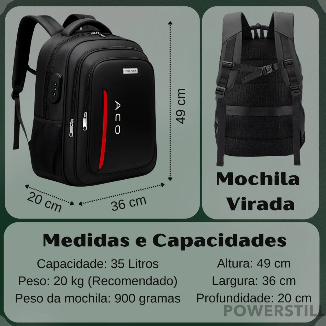 Garanta segurança e praticidade com a Mochila ACO. Com senha, USB, fone, impermeável e para notebook 17". Perfeita para trabalho, faculdade e viagens.