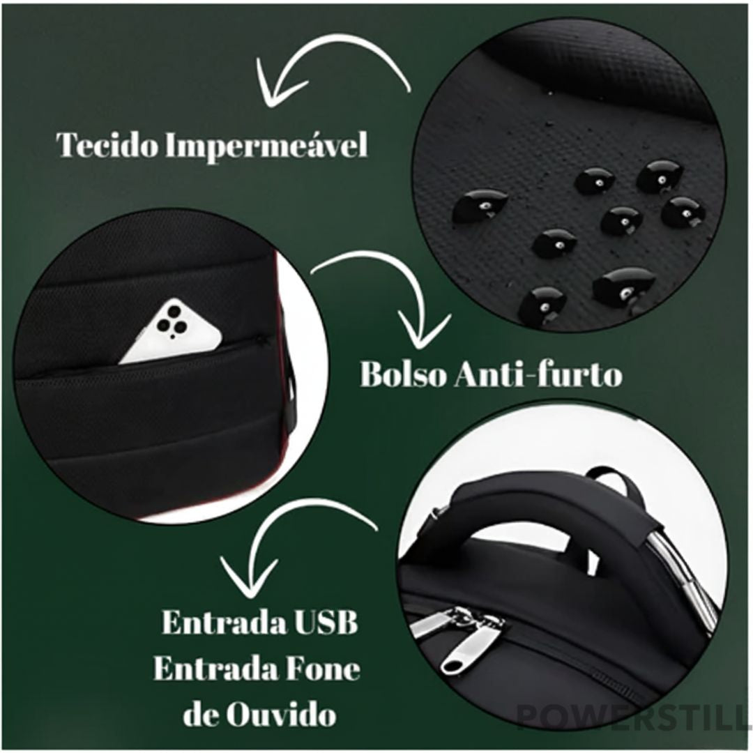 Garanta segurança e praticidade com a Mochila ACO. Com senha, USB, fone, impermeável e para notebook 17". Perfeita para trabalho, faculdade e viagens.