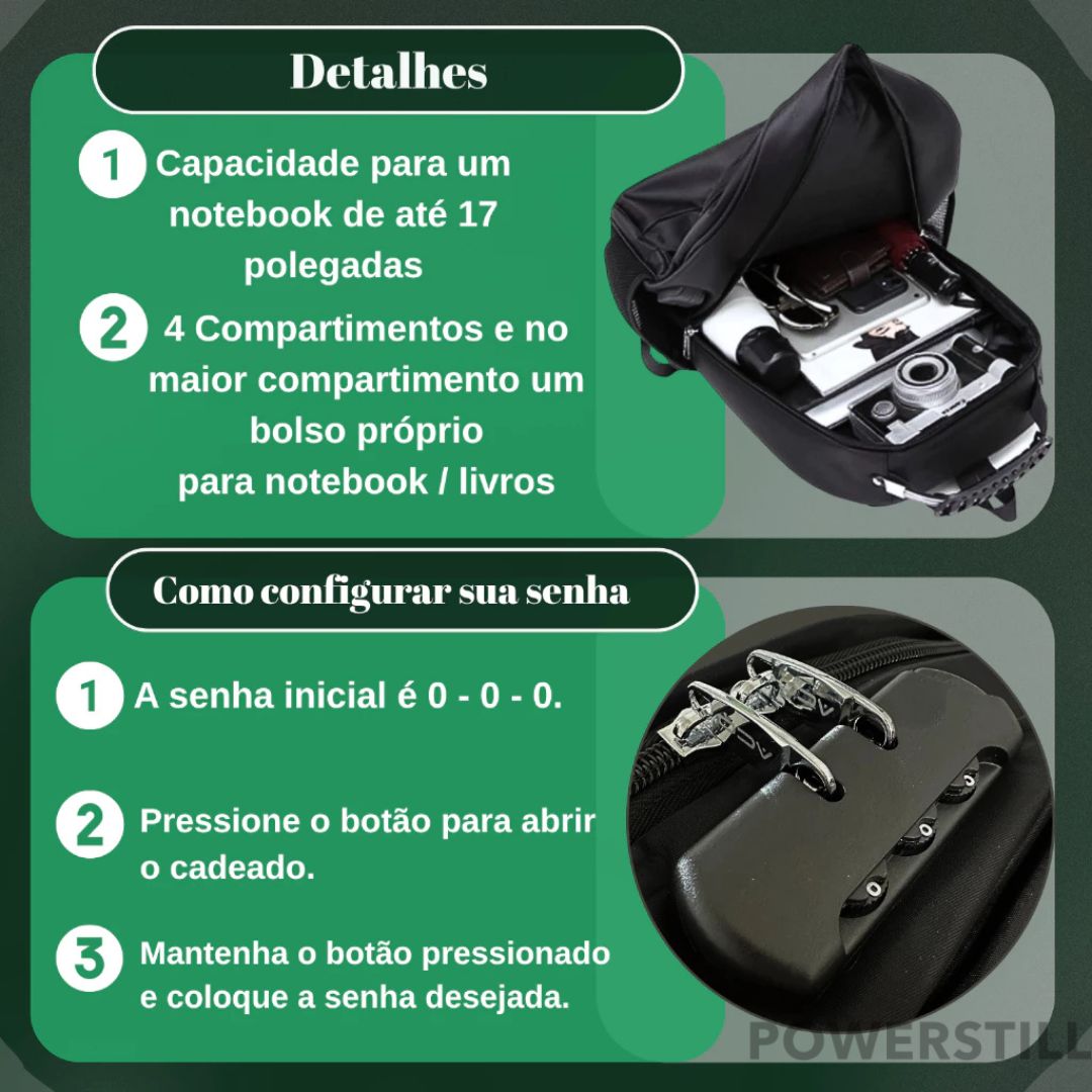 Garanta segurança e praticidade com a Mochila ACO. Com senha, USB, fone, impermeável e para notebook 17". Perfeita para trabalho, faculdade e viagens.