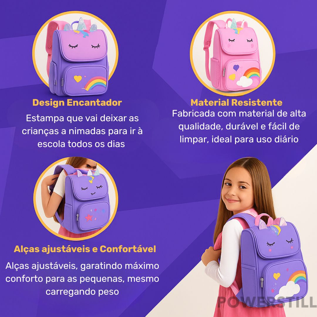 A Mochila Unicórnio mais desejada! Tamanho grande, ergonômica e super resistente. Inclui estojo. Presenteie com conforto e estilo. Compre agora!