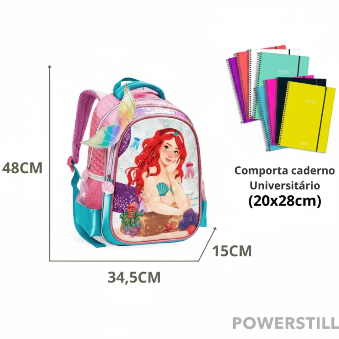 Mochila Princesas. Conforto, durabilidade e o brilho para sua filha. Garanta a volta às aulas mais mágica e feliz. Compre agora!