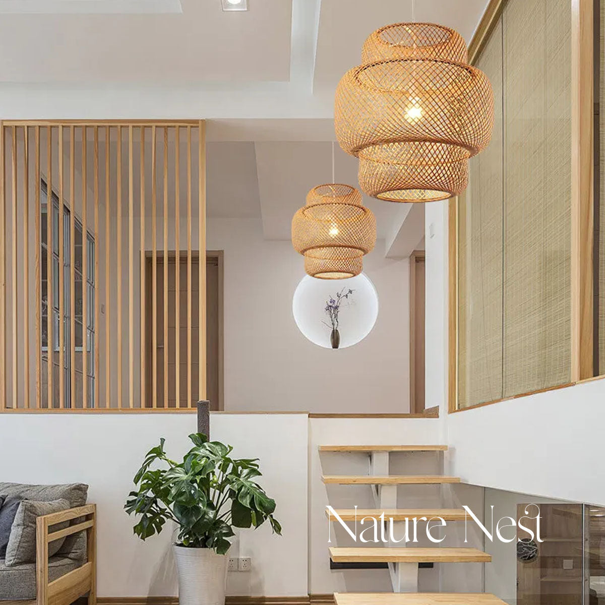 Pendente de Bambu Nature Nest iluminando uma sala de jantar com charme rústico e acolhedor