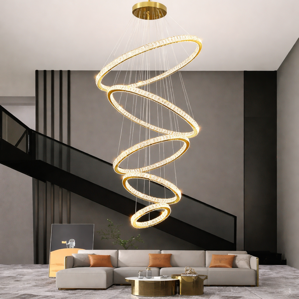 Lustre Pendente 5 Anéis LED 96W Dourado Duplo Bivolt Branco Quente