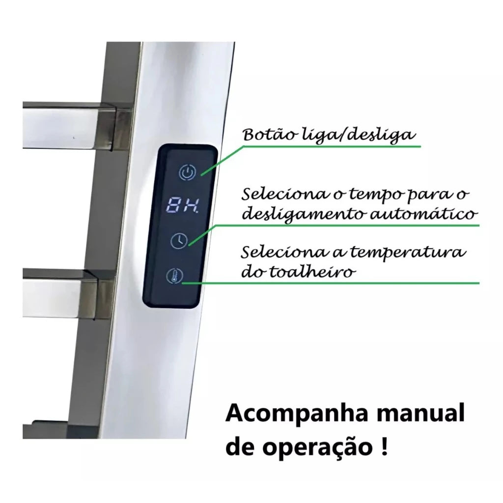 Toalheiro Elétrico Térmico Inox 304 Polido Timer Digital 1 Toalha