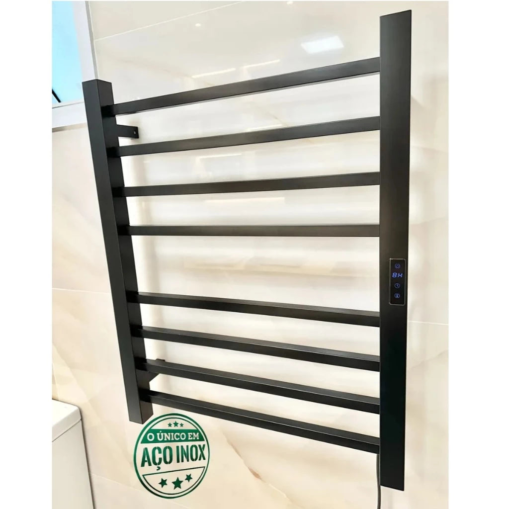 Toalheiro Elétrico Térmico Inox 304 Preto Fosco Timer Digital 2 Toalhas