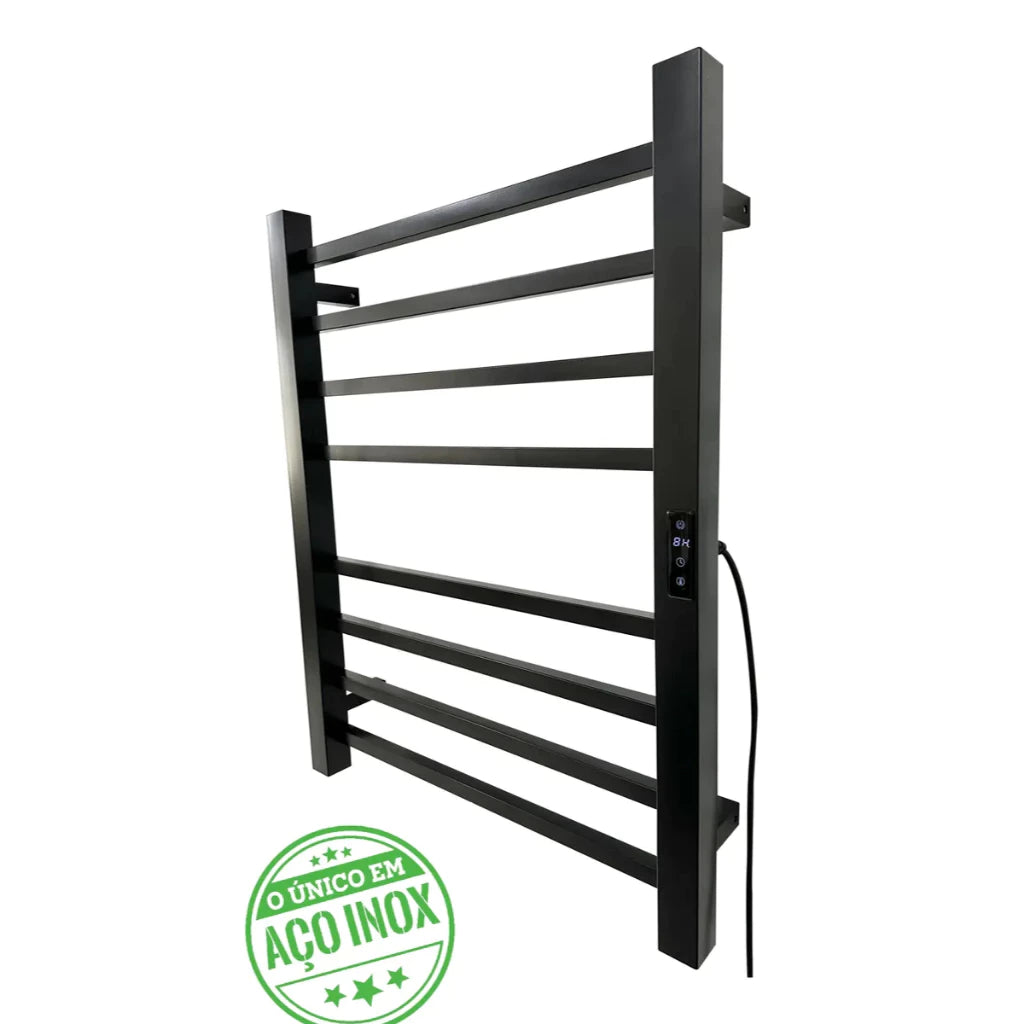 Toalheiro Elétrico Térmico Inox 304 Preto Fosco Timer Digital 2 Toalhas