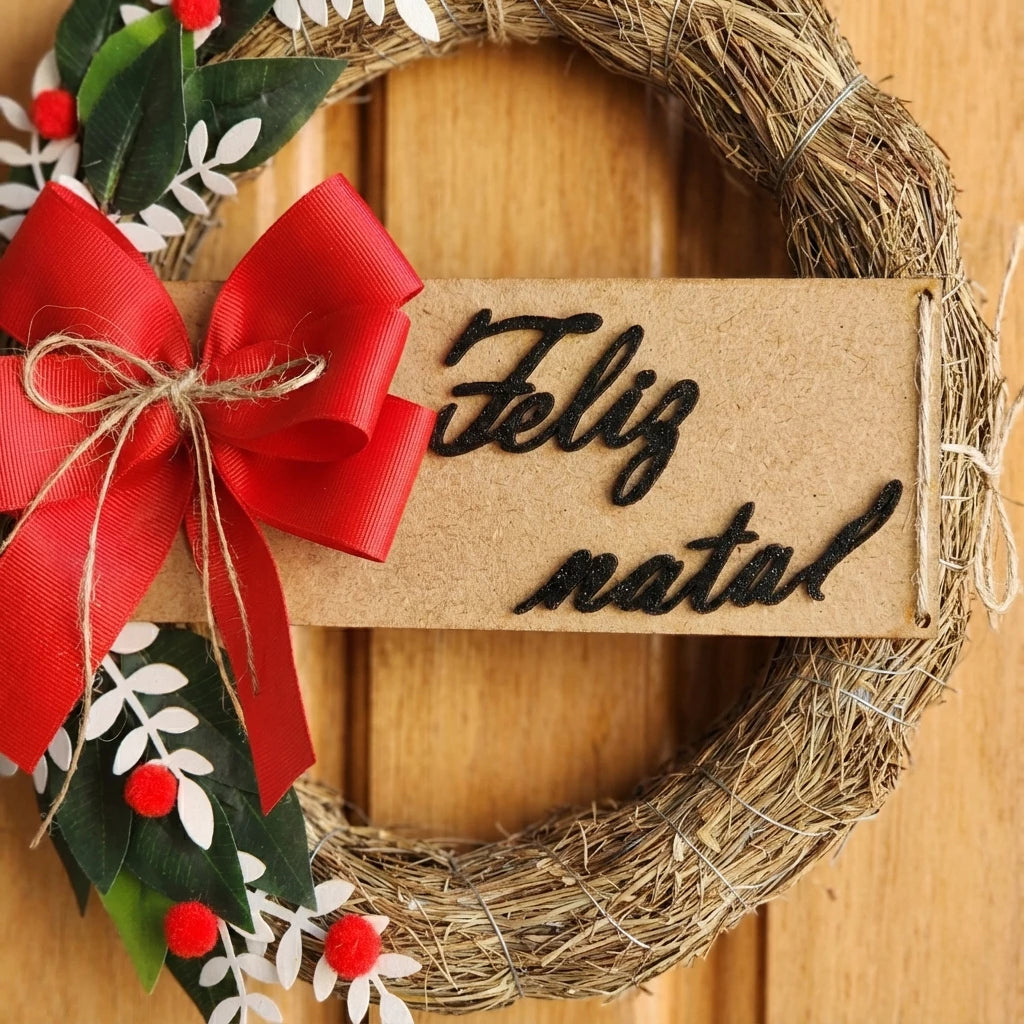 Guirlanda natalina de 30 cm com placa Feliz Natal