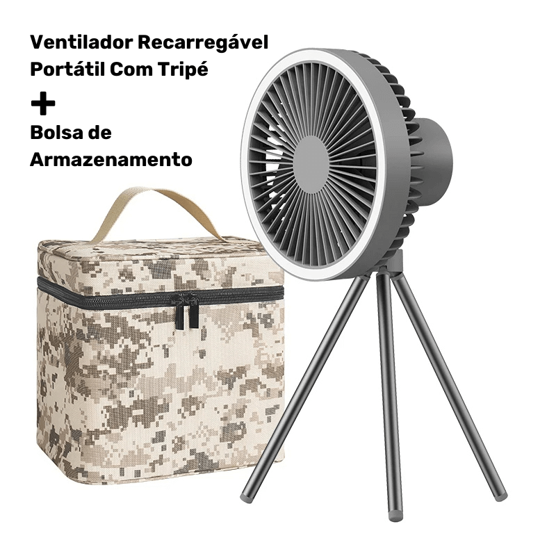 Ventilador Portátil Turbo Camping com Tripé e Luz LED Recarregável